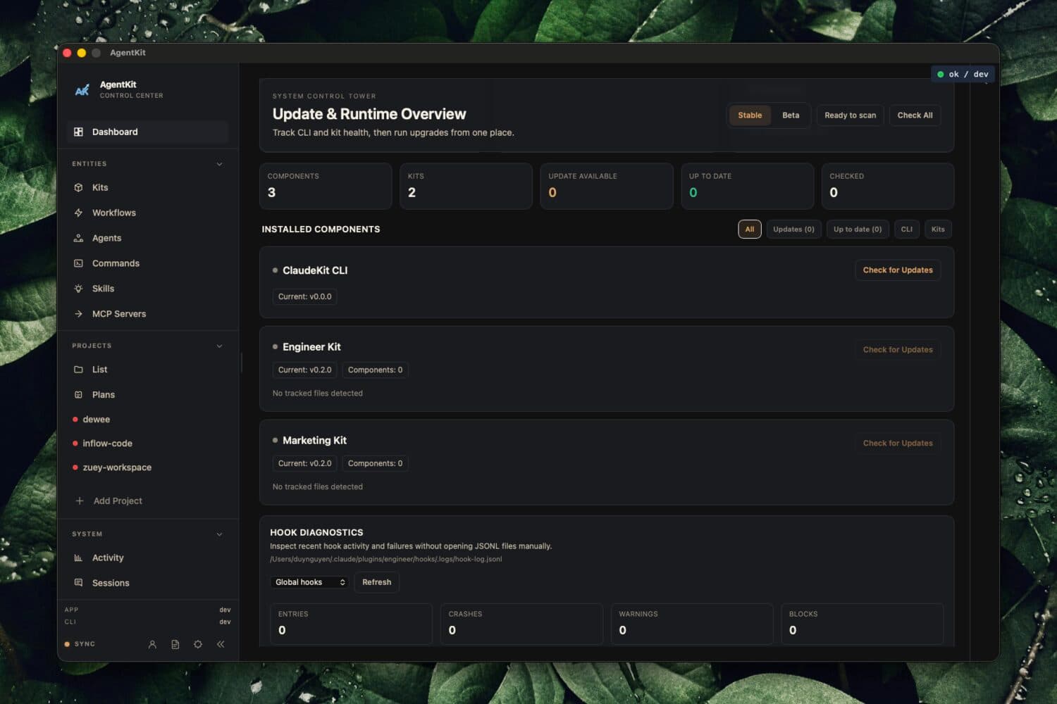 AgentKit Desktop App control tower dashboard showing CLI and kit health