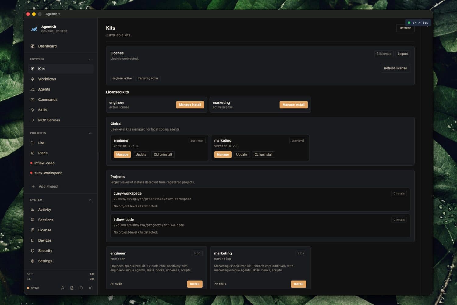 AgentKit Desktop App kits screen for activating licensed kits