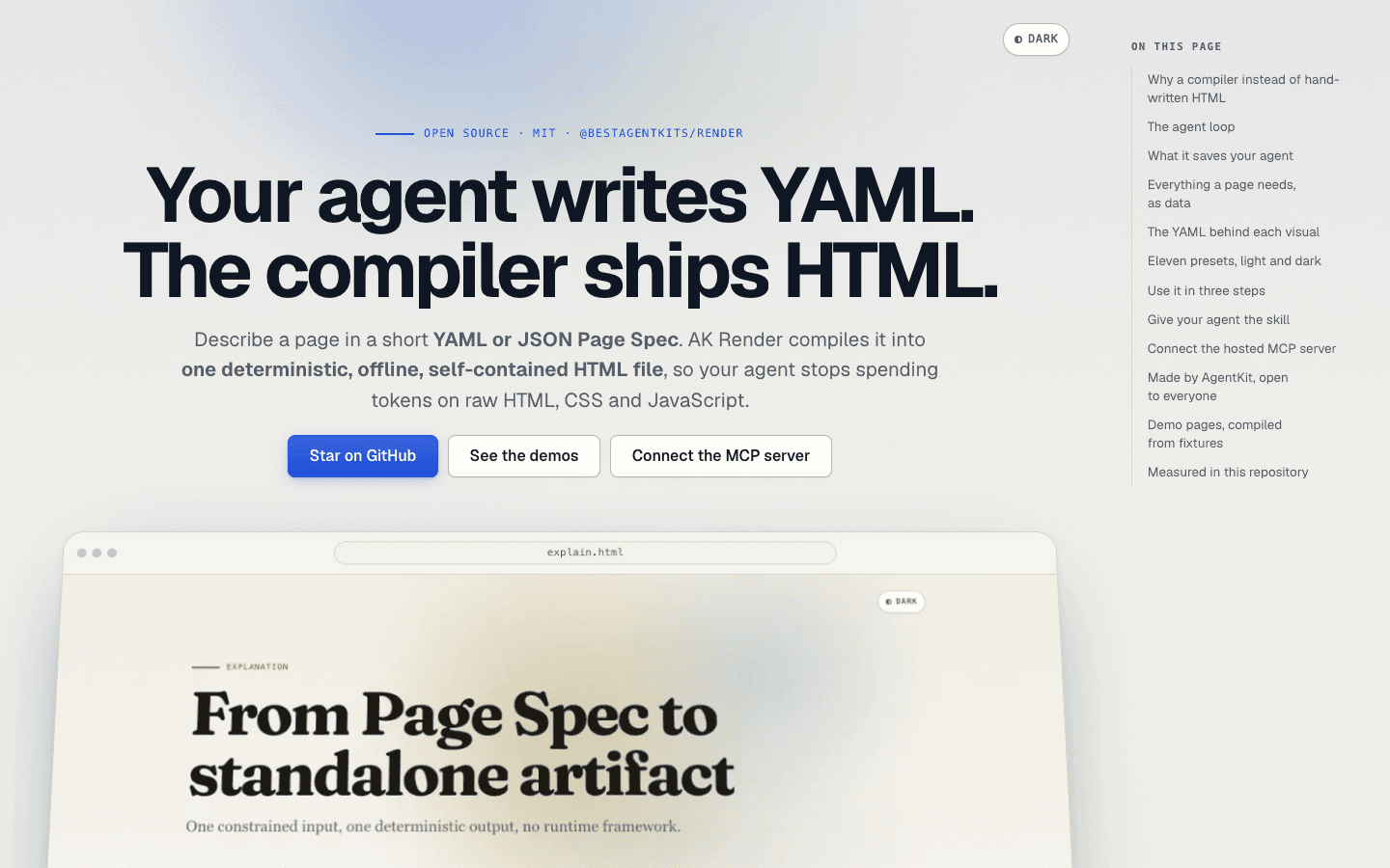 AK Render landing hero: Your agent writes YAML. The compiler ships HTML.