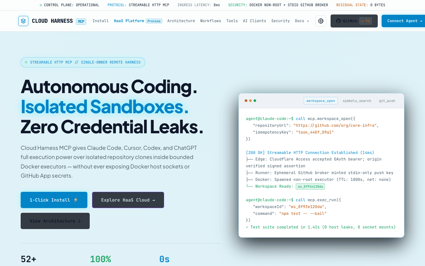 Cloud Harness MCP hero: Autonomous Coding, Isolated Sandboxes, Zero Credential Leaks, with a workspace_open terminal trace