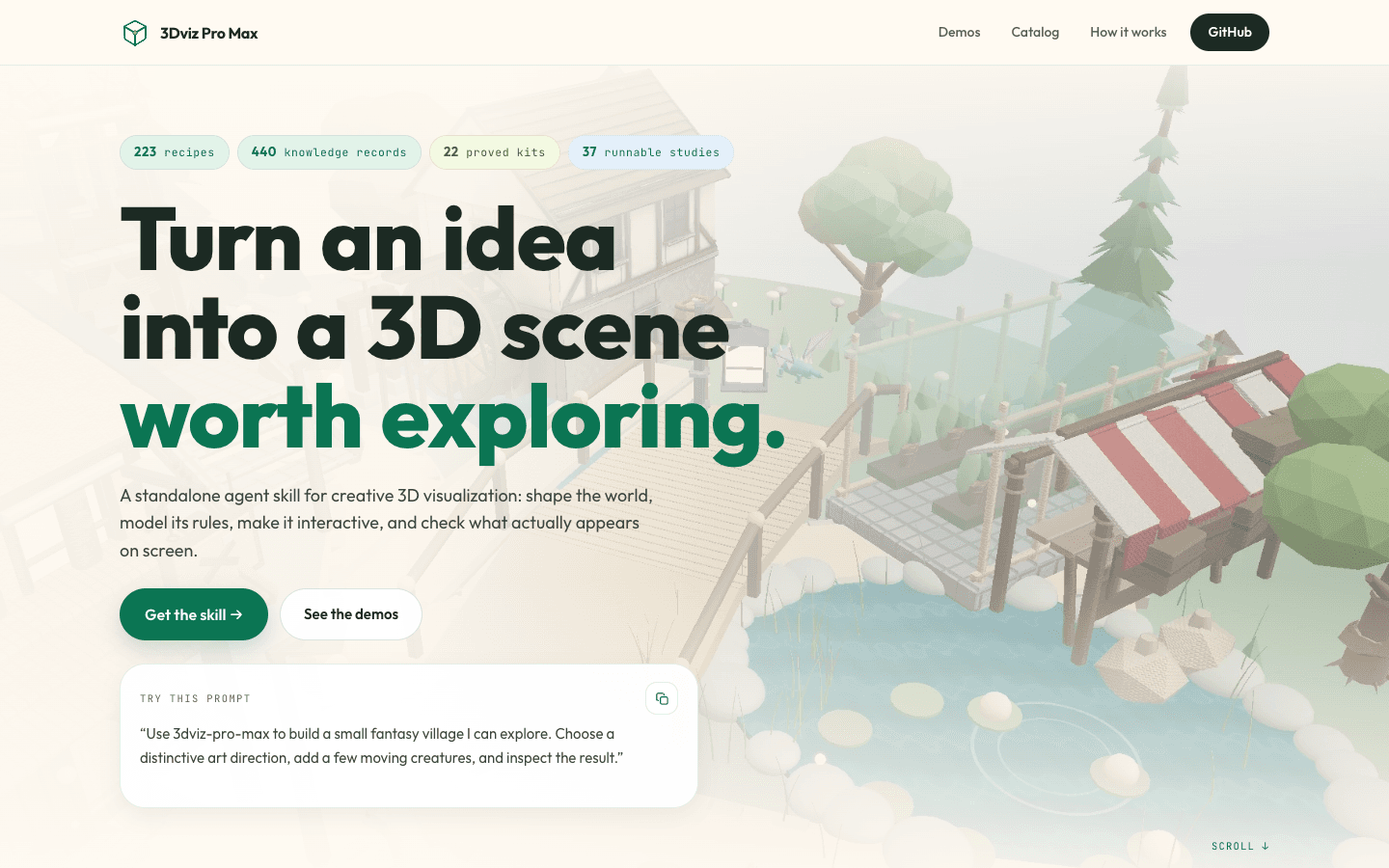 3Dviz Pro Max landing hero: Turn an idea into a 3D scene worth exploring, over a low-poly village scene