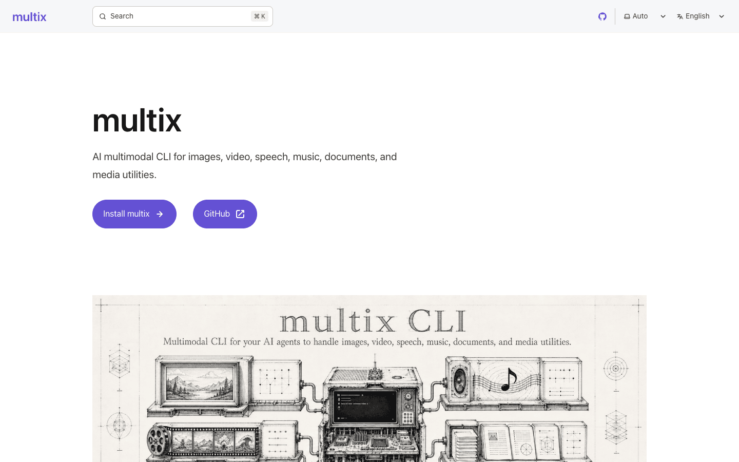 multix documentation home with the install command and the isometric multix CLI banner