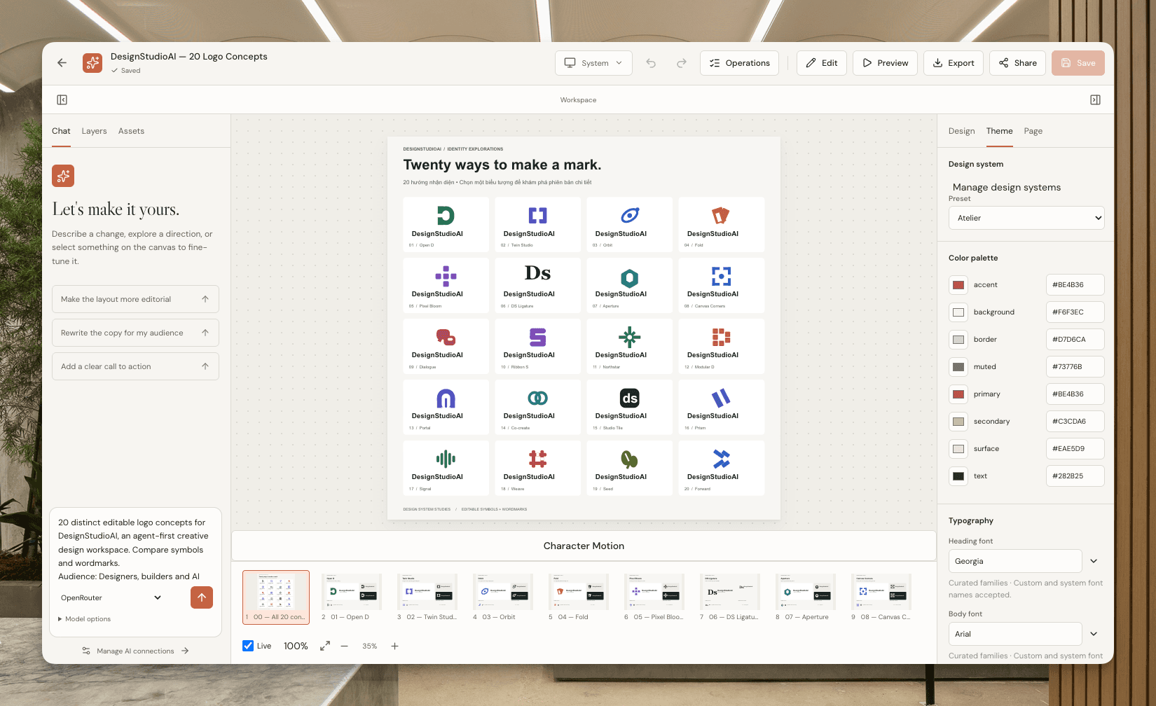 Editable logo concepts on the Design Studio AI canvas
