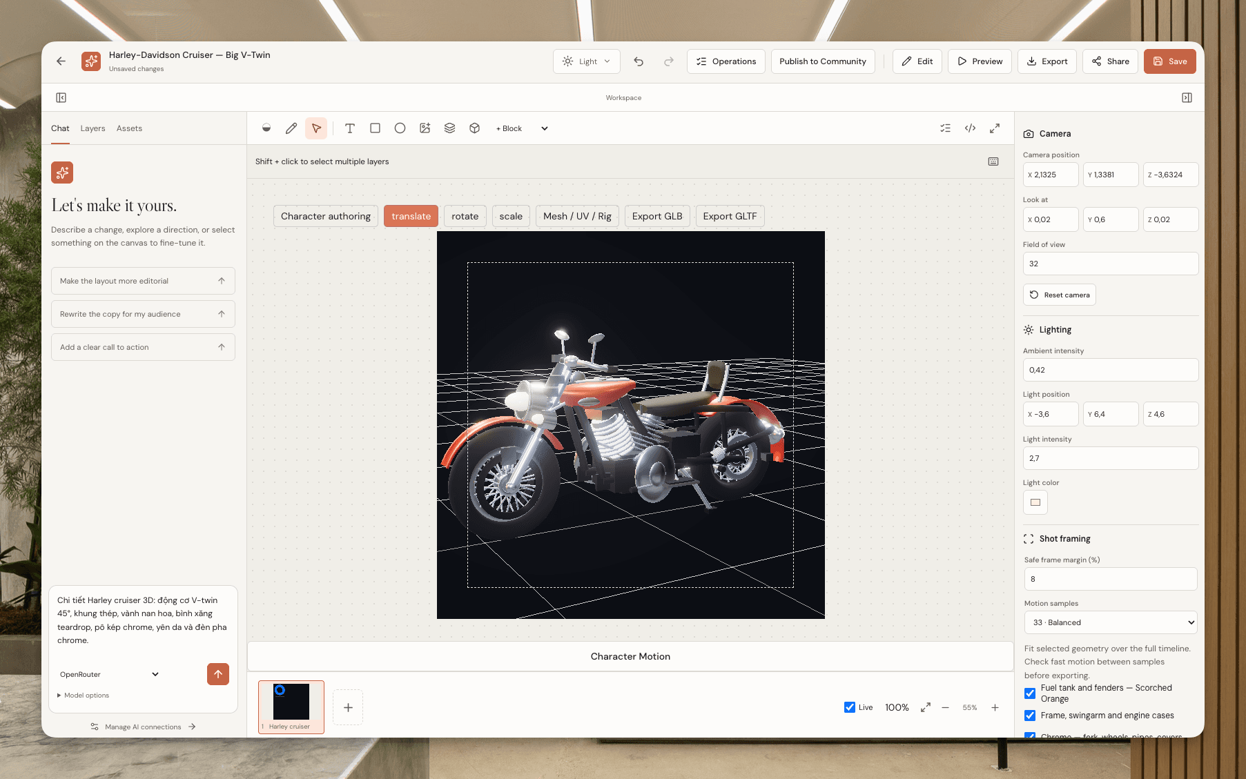 3D scene editor showing a motorcycle composition