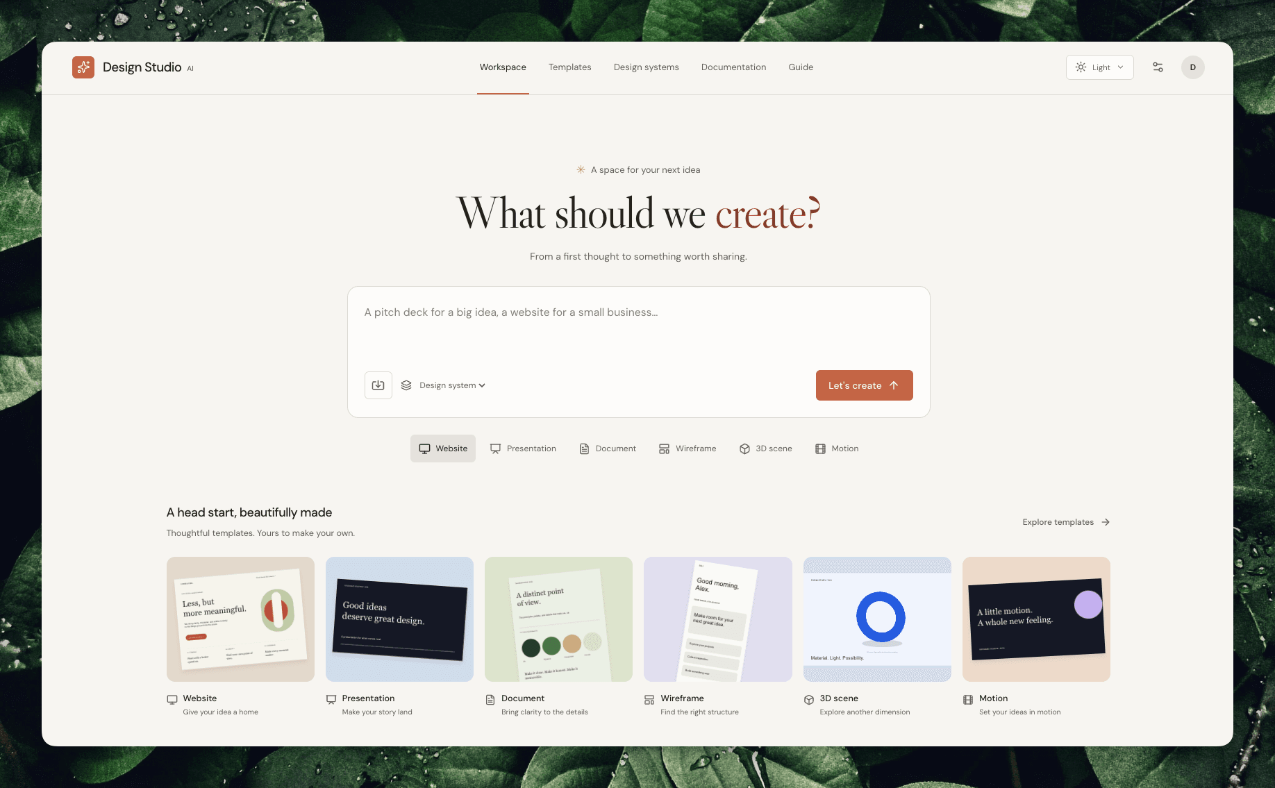 Design Studio AI workspace with prompt input, design systems and six creative formats
