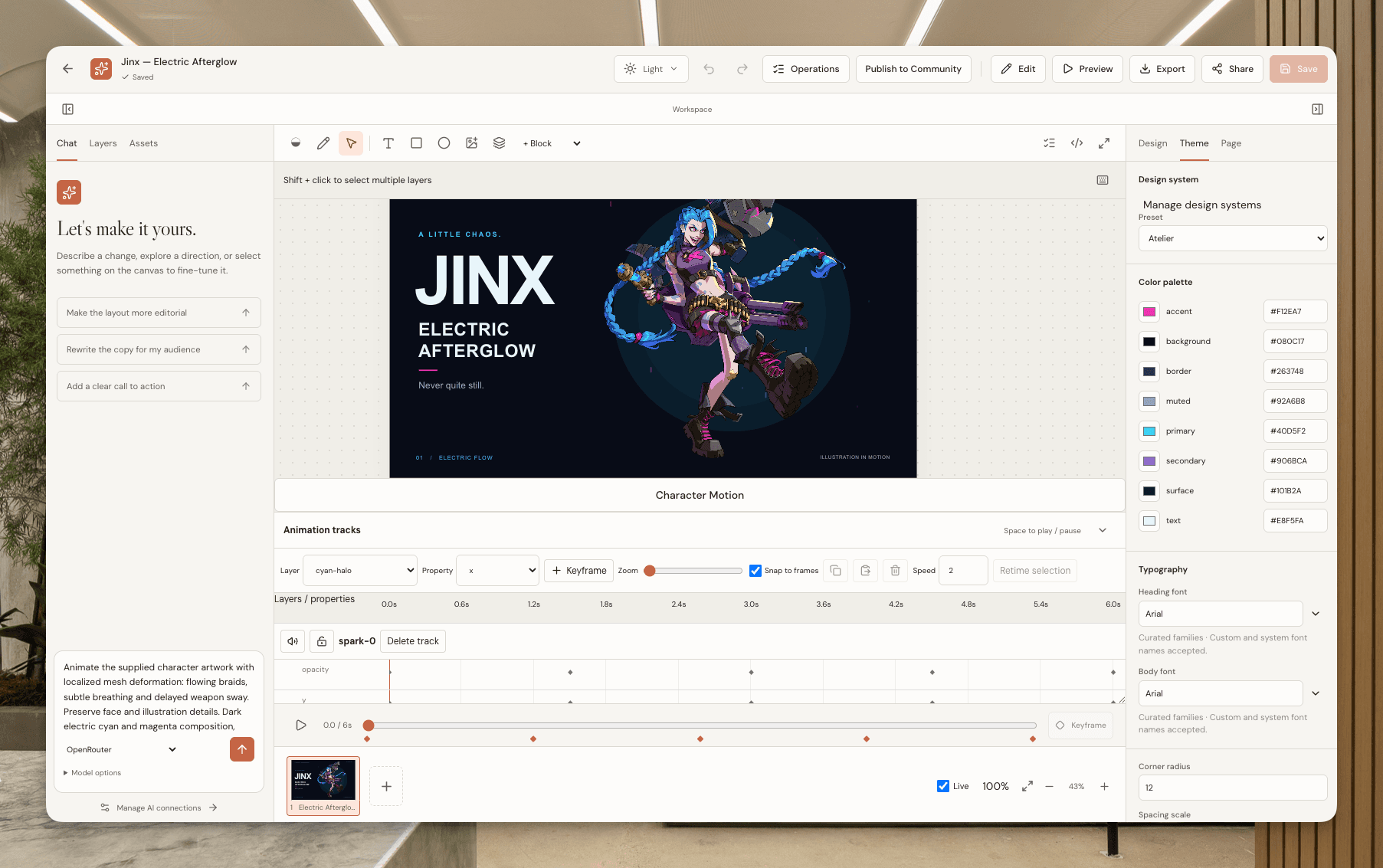 Motion editor with character artwork, timeline and keyframes